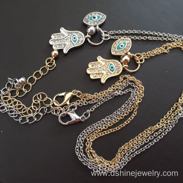 Long Chain Rhinestone Evil Eye Fatima's Hand Pendant Necklace